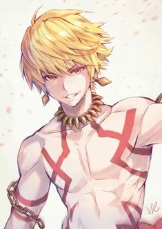 an anime character with blonde hair and piercings on his head, wearing gold jewelry