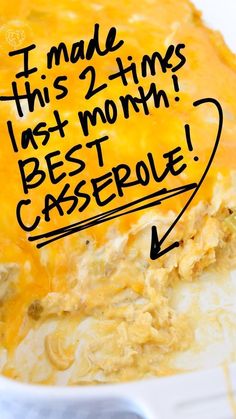 a close up of a casserole in a white bowl with writing on it