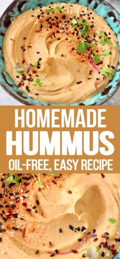 homemade hummus recipe in a bowl with text overlay