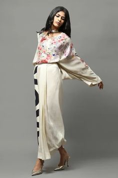 Shop for AK-OK Ivory Silk Chiffon Floral Print Top And Draped Skirt Set for Women Online at Aza Fashions Color Outside The Lines, V Top, Ivory Skirt, Embroidered Crop Tops, Silk Kaftan, Gathered Dress, Draped Skirt, Ivory Silk, Alt Fashion