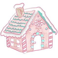 a drawing of a gingerbread house with candy on the roof