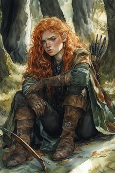 Kiralyne Thistledown stands at just three feet tall, with a lean, agile frame. Her sun-kissed skin is adorned with freckles that dot her nose and cheeks. She sports a wild mane of fiery orange curls that frames her face. Kiralyne wears a patchwork cloak made of deep greens and browns, stitched with leaves in varying shades. An elaborate leather quiver strapped to her back is decorated with small s... Celtic Character Design, Patchwork Cloak, Dnd Npc Art, Warrior Fairy, Ranger Dnd, Leather Quiver, Studio Photography Poses