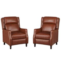 two brown leather chairs sitting next to each other