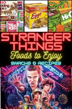 an advertisement for strange things, including snacks and desserts from the 80s's