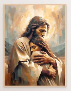 a painting of jesus holding a woman in his arms