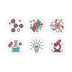 six stickers with different types of science related items on them, including an image of a