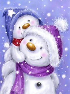 two snowmen hugging each other in the snow