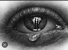 an eye with the reflection of two people standing in front of it and looking into the distance