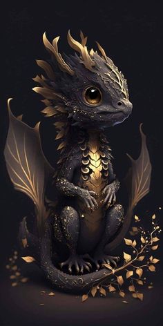 a black and gold dragon sitting on top of a pile of leaves in the dark