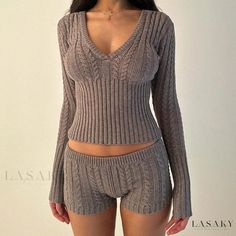 Lasaky - Textile Knit Top with Chevron Pattern and Cinched Waist Low Waist Shorts, 2 Piece Short Set, Zippered Cardigan, Grey Knit Sweater, Crop Top And Shorts, Knitting Girls, Solid Clothes, Low Waist, 2 Piece Set