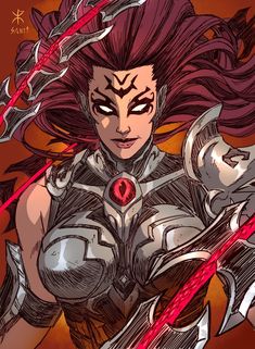 an image of a woman with red hair and armor holding two swords in her hands