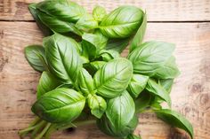 fresh basil leaves on a wooden surface