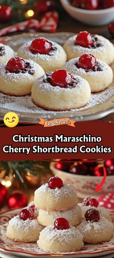 christmas maraschino cherry shortbread cookies on a plate