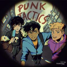 three young men standing next to each other in front of a sign that says punk arctics