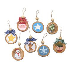 six wooden ornaments with different designs and decorations hanging from the strings on each ornament