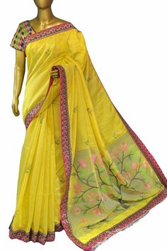 Now be the talk of the crowd with our latest collection of Matka muslin handloom collections with the amazing and refined traditional jamdani weaving and dignified lace border make this pure yellow color saree one of the subtle choices of many with pure muslin pallu. Color: A shade of pure yellow color Technique: Comes with traditional jamdani weaving all over the saree and has a muslin pallu Fabric: Matka Muslin Quality: Indyvogue's Assurance of Pure Silk Mark Certified Saree Traditional Yellow Slub Silk Wear With Resham Embroidery, Yellow Slub Silk Traditional Wear With Resham Embroidery, Yellow Traditional Wear With Resham Embroidery In Slub Silk, Embroidered Yellow Slub Silk Traditional Wear, Yellow Semi-stitched Cotton Silk Saree, Yellow Saree With Cutdana Embroidery, Yellow Saree With Cutdana, Yellow Semi-stitched Handloom Saree, Yellow Unstitched Blouse Piece For Festivals