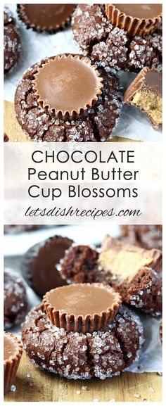 chocolate peanut butter cup blossoms are stacked on top of each other