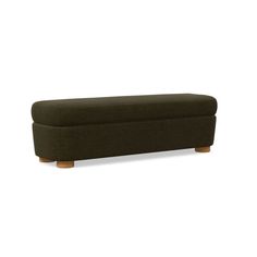 the footstool is made from dark green fabric and has wooden legs, with an attached