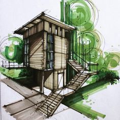 a drawing of a house with stairs leading up to it