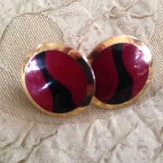 "Laurel Burch Earrings KASHI Red Black Gold Cloisonne Stud Post Back Vintage Jewelry 1980s Two sweet minimalist Ged and Gold cuties. Each measure approx. 3/4\" Long x 3/4\" Wide with 14k Gold Filled Posts. These will come with new post nuts. Named and signed on the back: KASHI/ Laurel Burch. A Genuine LAUREL BURCH COLLECTIBLE from the mid-1980s. This pair is in lovely condition, no chips or repairs may be some very light, fine scratches, or minimal wear around the edges. Laurel Burch went on to Retro Red Earrings For Formal Occasion, Vintage Red Earrings, Red Retro Earrings For Formal Occasions, Retro Red Formal Earrings, Retro Red Clip-on Earrings For Formal Occasions, Red Retro Round Earrings, Retro Red Round Earrings, 1980 Earrings, Mid-century Red Jewelry For Gift