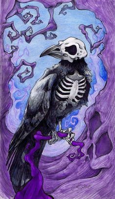 a drawing of a skeleton sitting on top of a bird