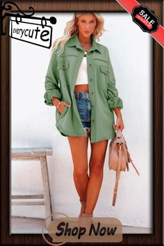 Green Buttoned Long Sleeve Pocketed Shirt Jacket Spring Long Sleeve Shacket With Pockets, Casual Khaki Shacket For Fall, Green Collared Shacket For Fall, Green Shacket With Pockets For Fall, Green Utility Jacket With Lapel Collar For Fall, Solid Lapel Collar Shacket For Spring, Trendy Green Long Sleeve Shacket, Green Long Sleeve Shacket For Fall, Green Long Sleeve Shacket With Pockets