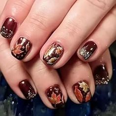 Thanksgiving Acrylic Nails, Fall Press On Nails, Leaf Nail Art, Fall Thanksgiving Nails, New Years Eve Nails, Thanksgiving Nail, Winter Manicure