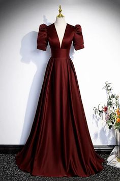 Prom Dress Simple, Satin Long Prom Dress, Prom Dress Burgundy, Prom Dresses Simple, Party Dress Sale, V Neck Prom Dresses, Burgundy Prom Dress, A Line Shorts, Dress Simple