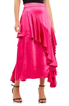 Luscious ruffles accent this flowy maxi skirt elevated in rich satin. 95% polyester, 5% spandex Hand wash, dry flat Imported Pink Satin Evening Bottoms, Pink Satin Flared Skirt, Elegant Ruffled Maxi Bottoms, Pink Satin Long Skirt, Spring Pink Silk Maxi Skirt, Pink Tiered Ruffle Maxi Skirt, Pink Silk Maxi Skirt For Spring, Silk Tiered Skirt Bottoms With Ruffles, Silk Tiered Skirt With Ruffles