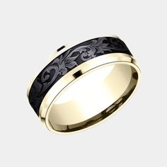 Introducing the Royal, a luxurious marriage of tradition and contemporary flair. This exquisite 8mm comfort fit wedding band harmoniously blends the rich warmth of 14k yellow gold with the sleek sophistication of black titanium. The band is adorned with a vintage script pattern, evoking the elegance of bygone eras while catering to modern tastes. Polished drop bevel edges frame the intricate design, adding depth and a refined finish to the ring’s distinguished appearance. Key Features: Material: Elegant Tungsten Carbide Anniversary Rings, Elegant Tungsten Carbide Rings For Anniversary, Elegant Tungsten Carbide Wedding Jewelry, Elegant Black Bands Suitable For Gifts, Elegant Black Bands For Gifts, Elegant Tungsten Carbide Wedding Rings, Elegant Wedding Rings In Tungsten Carbide, Elegant Titanium Wedding Rings, Black Elegant Engraved Promise Ring