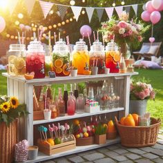 an outdoor bar with lots of drinks on it