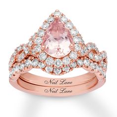 a pink diamond ring with two rows of diamonds around it and the words neil lane next time