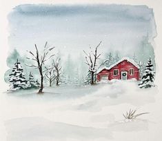 a watercolor painting of a red house in the snow with trees and bushes around it