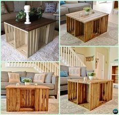 four pictures of different types of furniture made out of pallet wood