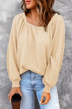 Apricot waffle print top with scoop neck both front and back and puff sleeves. Stylish Tank Tops, Fall Clothing, Elegante Casual, Neckline Designs, Waffle Knit Top, Pullover Designs, Dressy Casual, Comfy Casual, Waffle Knit