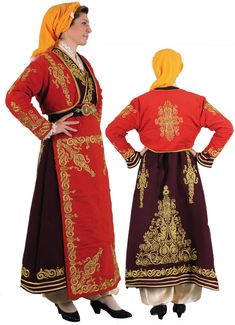 This outfit is imported from Greece and made by the premiere manufacturer of traditional Greek costumes. This traditional dancing costume is a favorite amongst dancing troupes and churches. This outfit ships direct from Greece. Please allow 1-2 weeks for arrival of outfit. This woman's costume consists of velvet waistcoat with embroidery front and back, velvet vest with embroidery front and back, embroidery sleeves, inside dress and felt apron with embroidery.(Note: The necklace, buckle and head Traditional Red Ceremonial Dress, Traditional Fitted Dress With Historical Design, Red Traditional Wear With Gold Embroidery For Ceremonies, Traditional Festive Costume Dresses, Traditional Wear With Gold Embroidery For Festivals, Traditional Dresses With Gold Embroidery For Ceremonies, Traditional Red Dress With Embroidered Border, Red Traditional Drape Dress With Embroidered Border, Red Dress With Embroidered Border In Traditional Drape