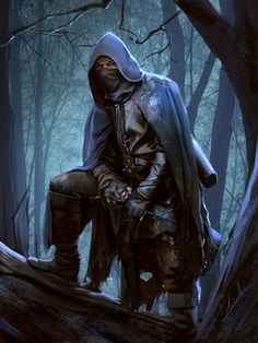 a man sitting on top of a tree trunk in the woods wearing a hooded outfit