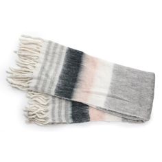 two gray and white scarfs on top of each other