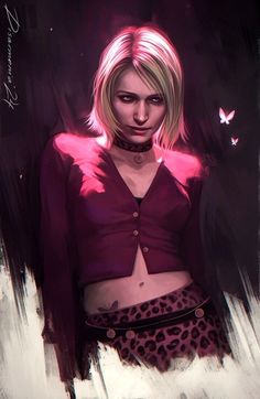 a drawing of a woman with blonde hair wearing a red shirt and leopard print skirt