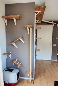 a room with several cat toys on the wall and some shelves in the corner that are made out of wood