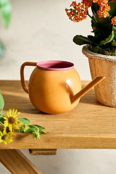 a potted plant next to a watering can on a table with flowers in it