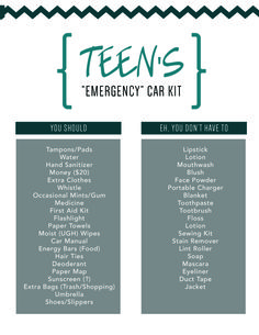 the emergency car kit for teens is shown in black and white, with text that reads teen