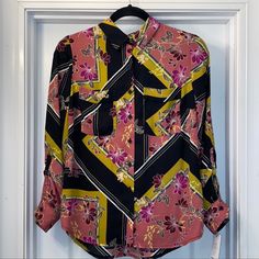 New! Apt 9 2-Pocket Convertible Sleeve Blouse Condition: New With Tags! Beautiful Colors W/Floral And Geometric Designs. Two Open-Front Pockets, Georgette Texture - Collared, Button Front, Long Sleeve Blouse That Can Be Converted Into A Roll-Tab Finished Look. Pet And Smoke Free Home Women's Size: Xs Color: Black/Mauve/Mustard Yellow Fabric: 100% Polyester Measurements (Laying Flat) Shoulders (Across): 14" Chest (Armpits): 19" Length: 26" Thank~You For Browsing My Closet 03/31/23 New Apt, Yellow Fabric, Geometric Designs, Black Orange, Mustard Yellow, Front Open, Orange Black, Beautiful Colors, Convertible