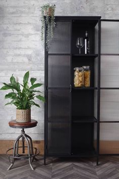 a tall black bookcase next to a potted plant