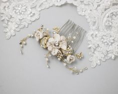 Dark ivory fabric flowers sit in a delicate design of scrolls, tiny leaves and sprays of crystal beads, ivory pearls, and round cut rhinestones. This bridal comb measures about 5 inches long and 2.5 inches high. Wedding Hair Flower, Wedding Day Jewelry, Ivory Fabric, Hair Flower, Wedding Hair Flowers