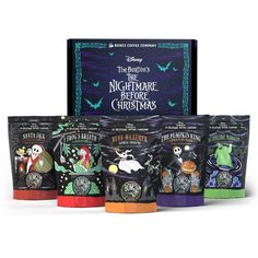 three bags of disney's the night before christmas coffee gift set on a white background