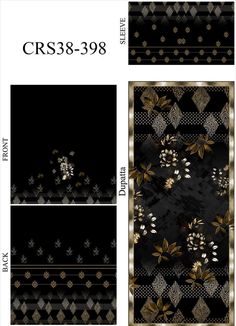 an image of a black and gold wallpaper with flowers on the border, in three different styles