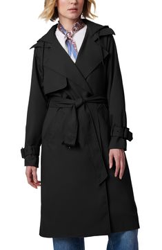 Look impeccably put together as you're out and about in this classic double-breasted trench coat fashioned with a drawstring hood and roomy raglan sleeves. Double-breasted button closure Notched lapels; drawstring hood Adjustable belted cuffs Front welt pockets Epaulets Gun flaps Storm flap Removable belt 100% recycled polyester Hand wash, tumble dry Imported Hooded Belted Spring Outerwear, Spring Hooded Belted Outerwear, Hooded Trench Coat, Trench Coat Style, Double Breasted Trench Coat, Trench Coat Black, Rain Coat, Nordstrom Store, Anniversary Sale