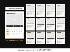 a set of twelve calendars for the year 2013 - 2012 with yellow and black lines