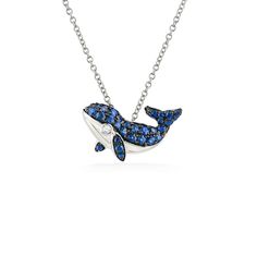 14K White Gold Effy Whale Pendant with 0.58 Carats (total weight) of Blue Sapphires and a 0.01 Carat Diamond eye. 18" 14K White Gold Adjustable Chain included. The chain is adjustable to approximately 16". The pendant measures approximately 5/8" in width (from head to tail). Whale Pendant, Sea Life Jewelry, Diamond Eyes, Blue Sapphire, Sapphire, White Gold, Chain, Pendant, Gold